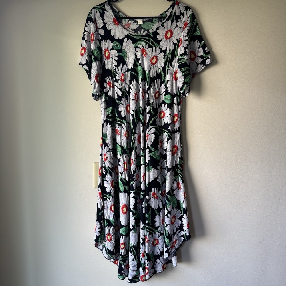 Vintage 100% Cotton Floral Daisy Print T-Shirt Dress Short Sleeve Midi